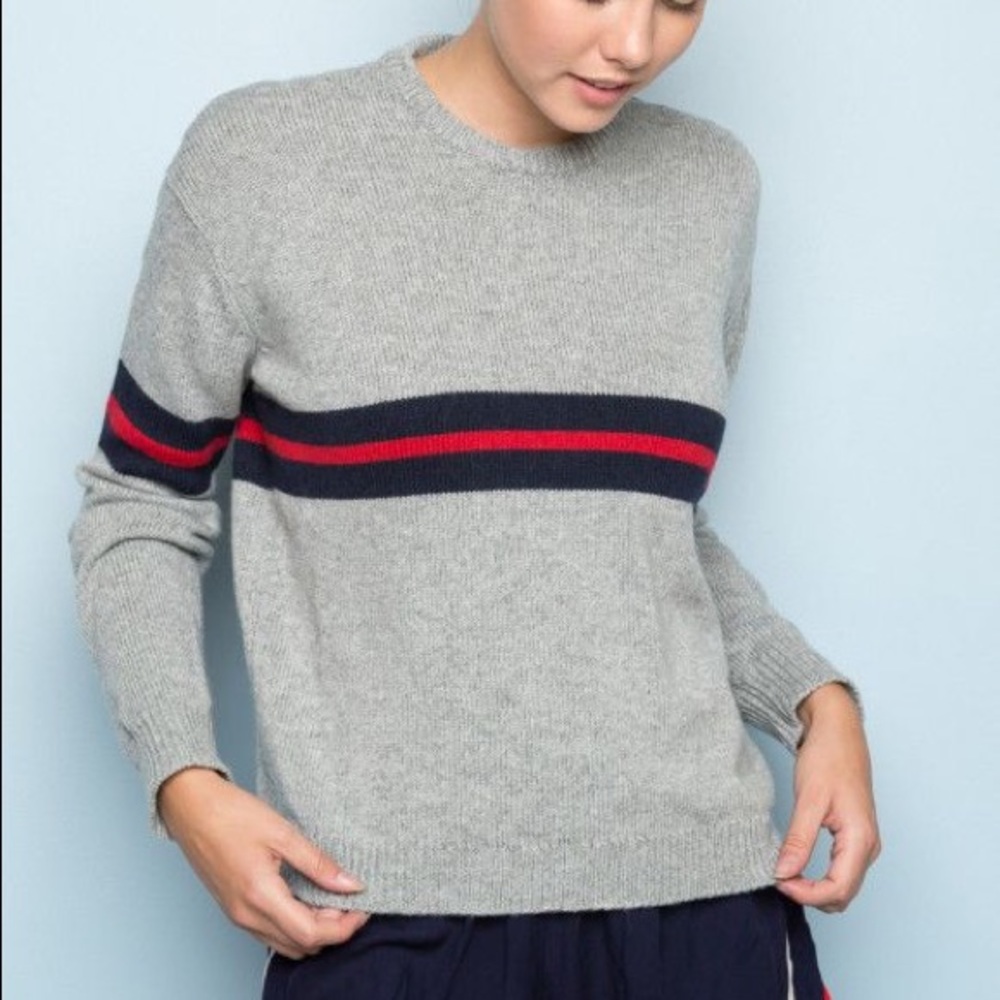 grey knit sweater with stripe